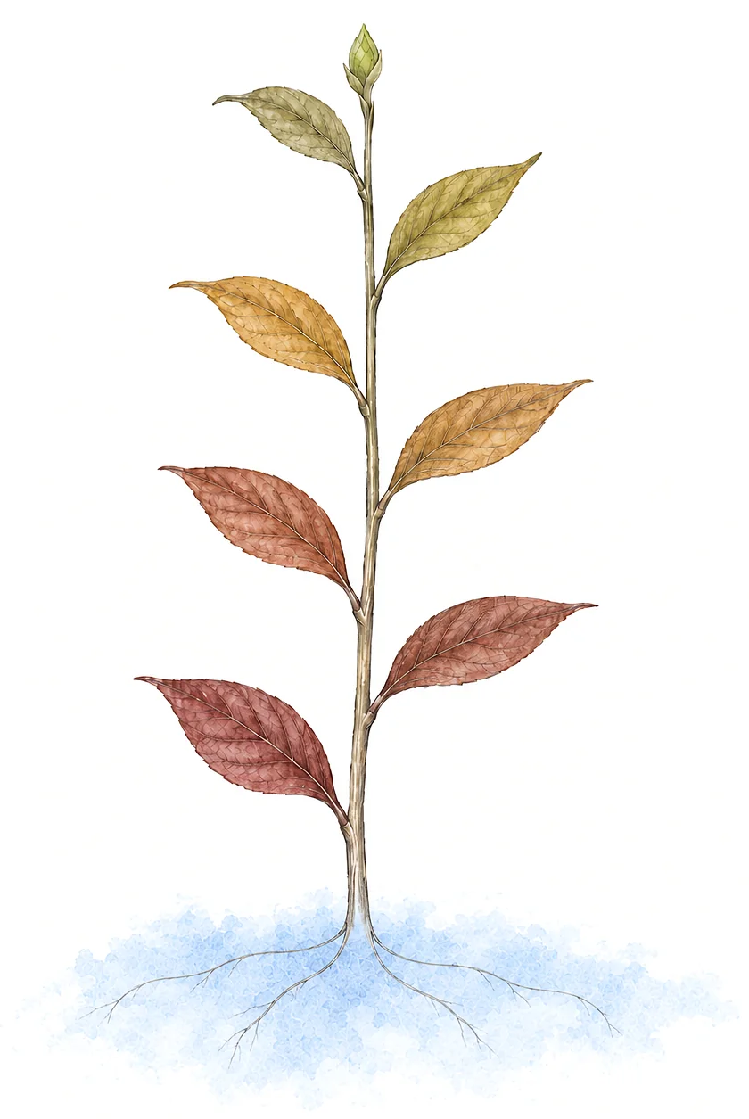 A young plant drawn in pencil and watercolour: four roots in a blue wash, seven leaves turning from oxblood at the bottom to green at the top, and a bud.