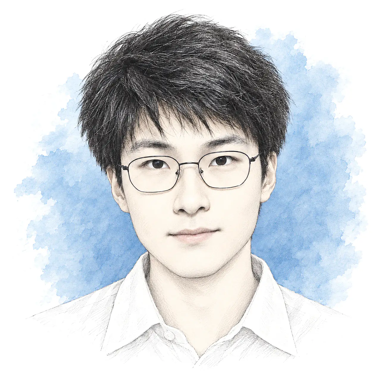Pencil portrait of Huabing Li with a blue watercolour wash